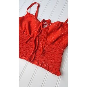 Unbranded Polka Dot Smocked Crop Top Women Size M Red Tie Front Coquette Style